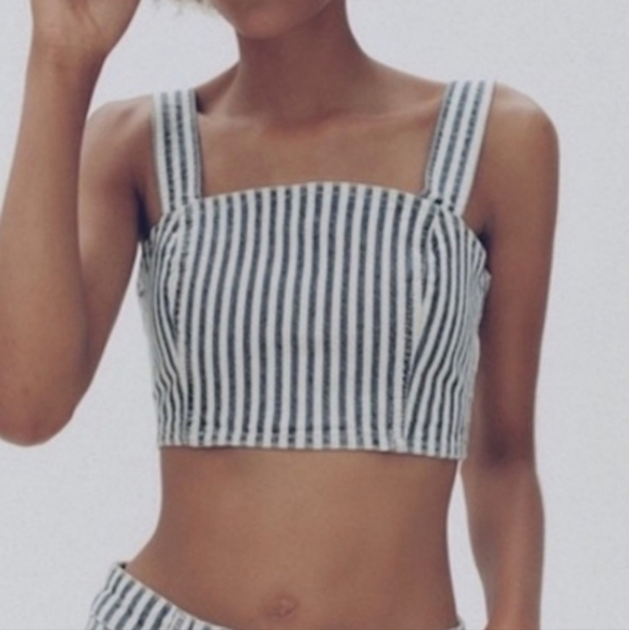 ZARA Denim cropped Striped Top - Picture 1 of 4
